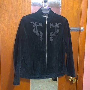 Pamela McCoy Black Suede Leather Jacket with Embroidered Detail